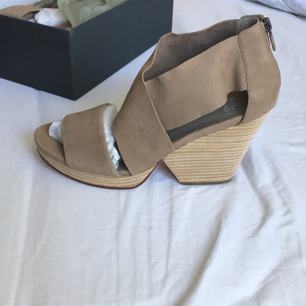 Eileen Fisher taupe suede wedges.